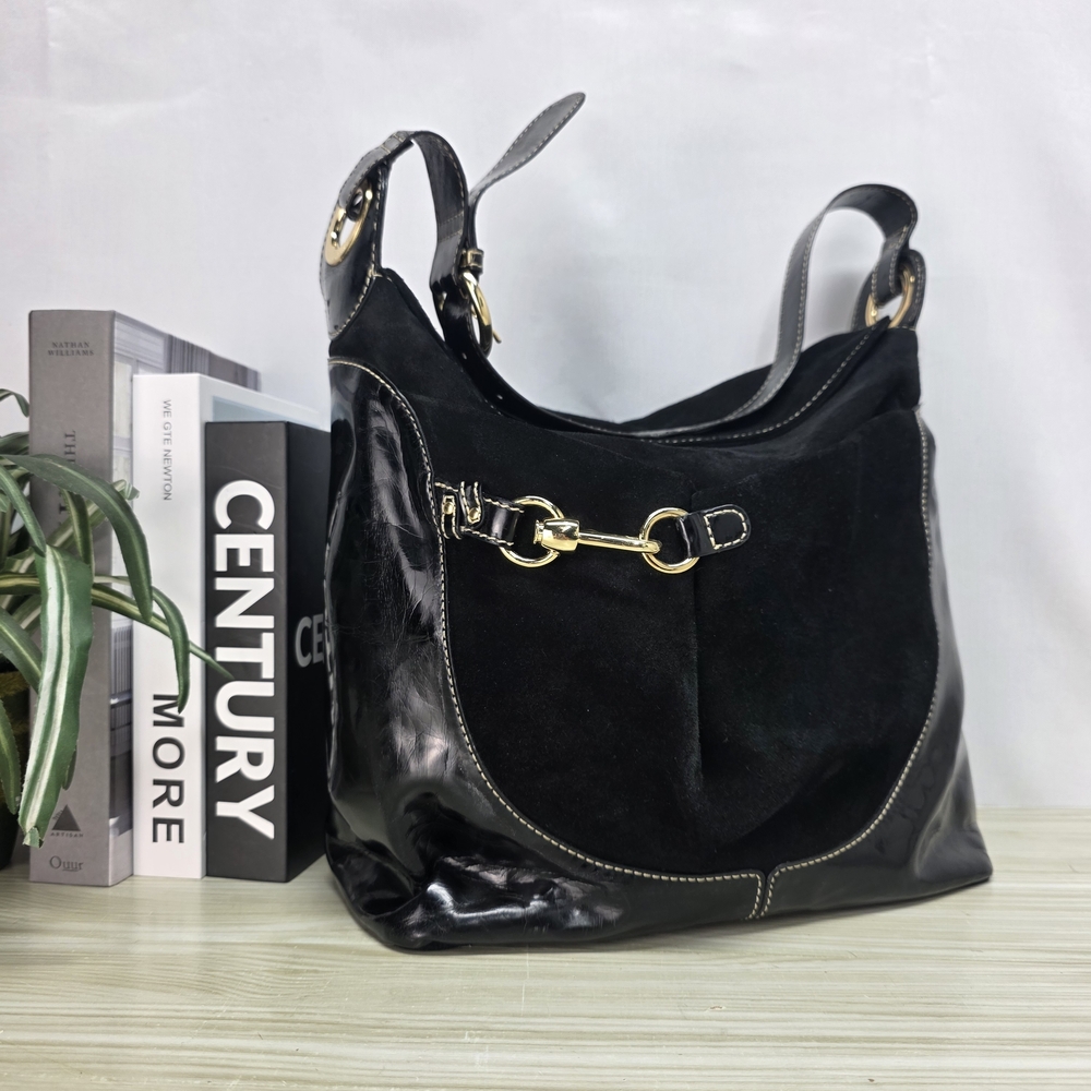 Carlisle Black Suede and Leather Goldtone Shoulder Bag